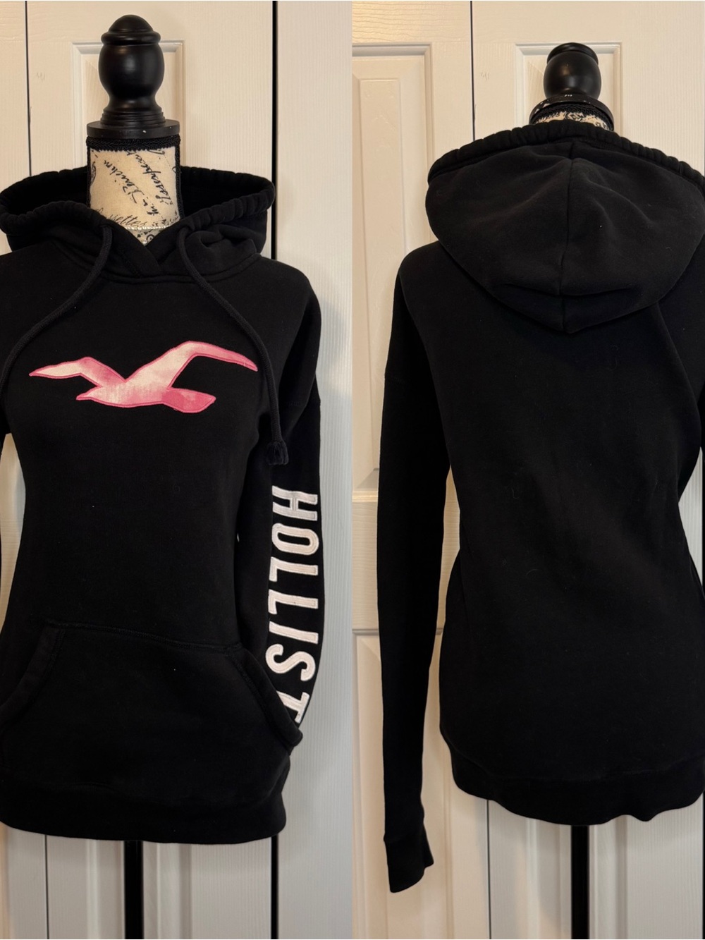 Hollister Black Hoodie with Pink Seagull and White Sleeve Logo